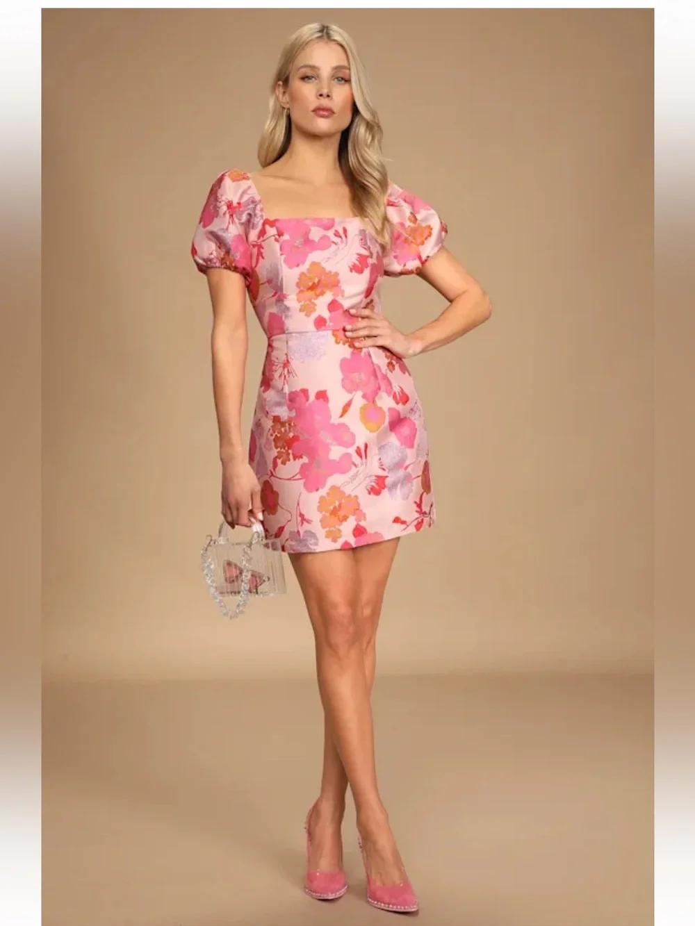 NWT Lulu's Pink & Coral Floral Puff-Sleeve Mini Dress - Picture 1 of 11
